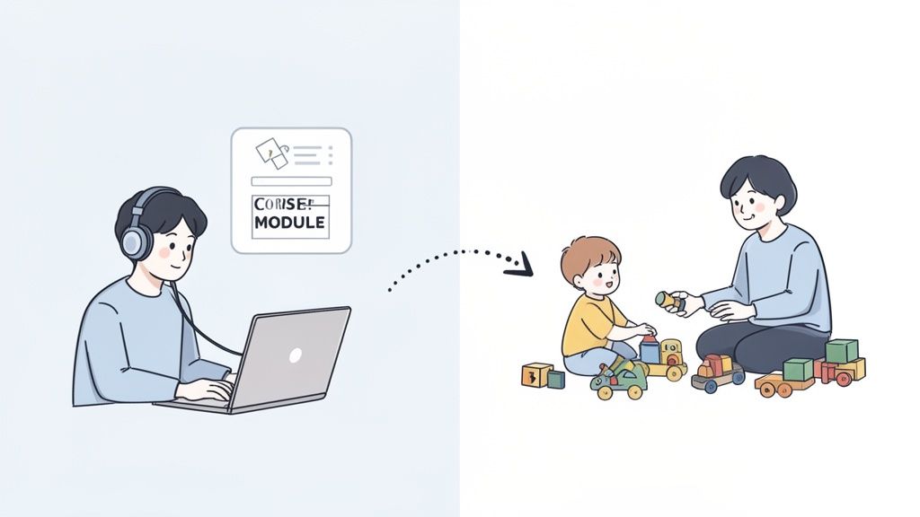 A person studying online modules on a laptop, then playing with a child and educational toys.