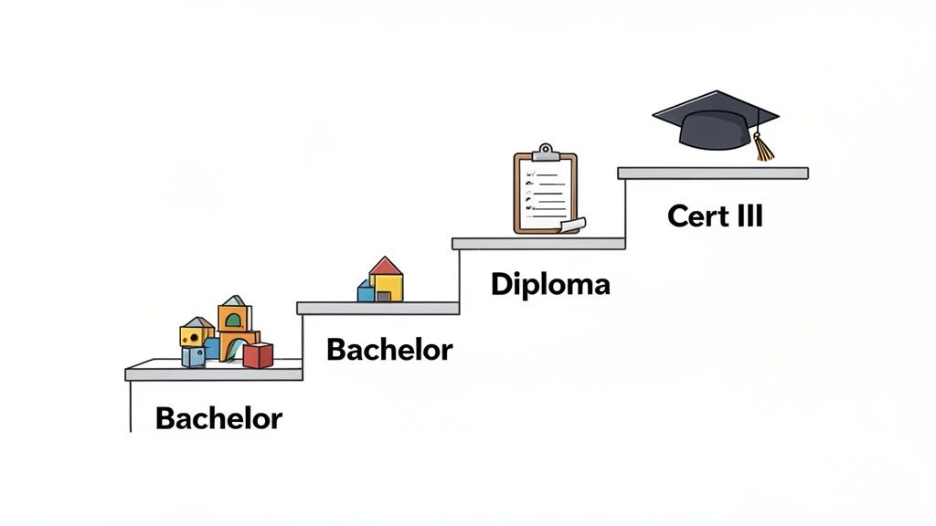 An illustration of educational progression with steps labeled Bachelor, Diploma, and Cert III.