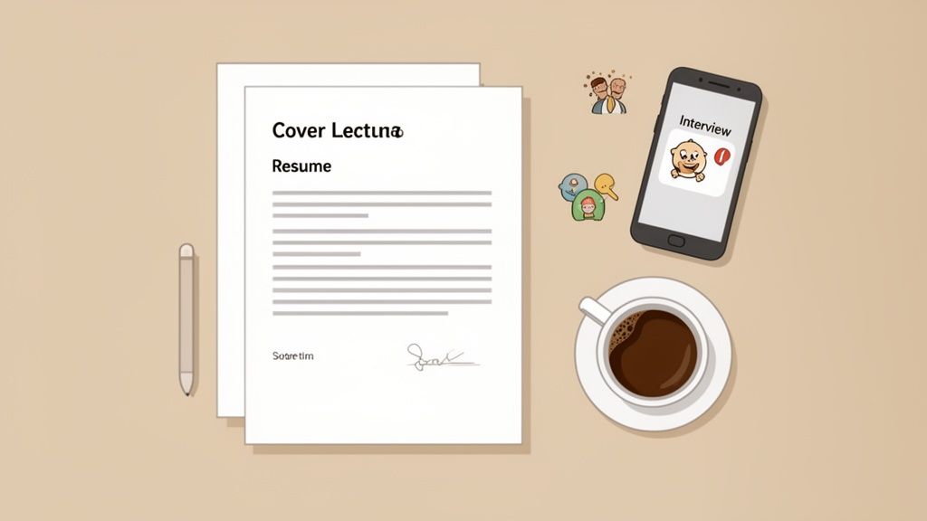 Job application flat lay with a resume, cover letter, pen, phone showing 'Interview', and coffee.