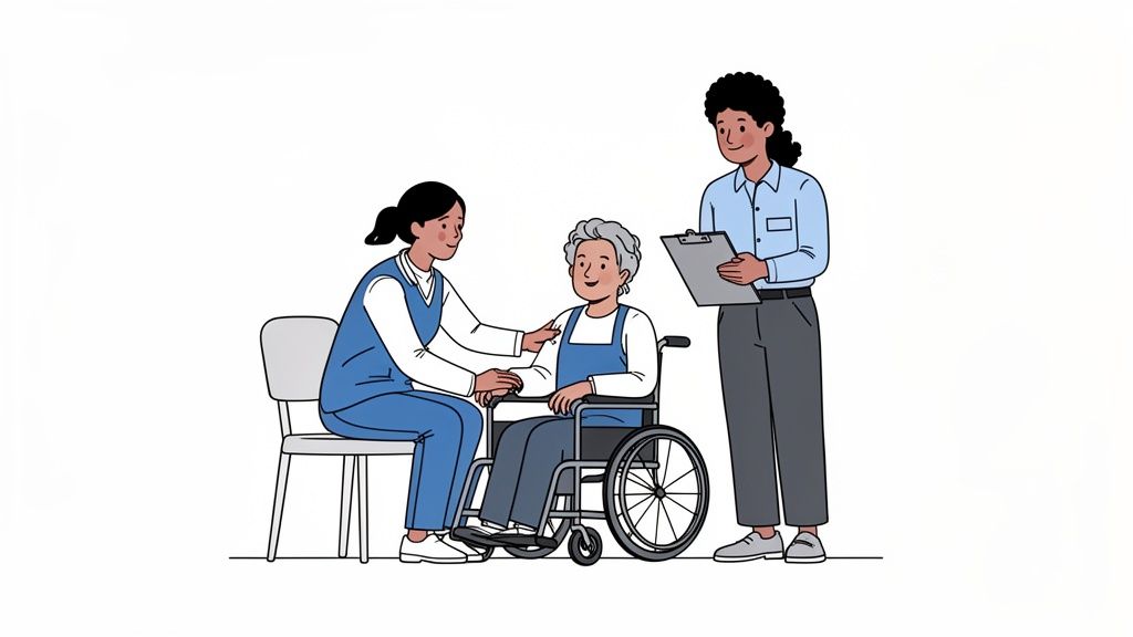 Disability support workers assisting an elderly person in a wheelchair with compassionate care.