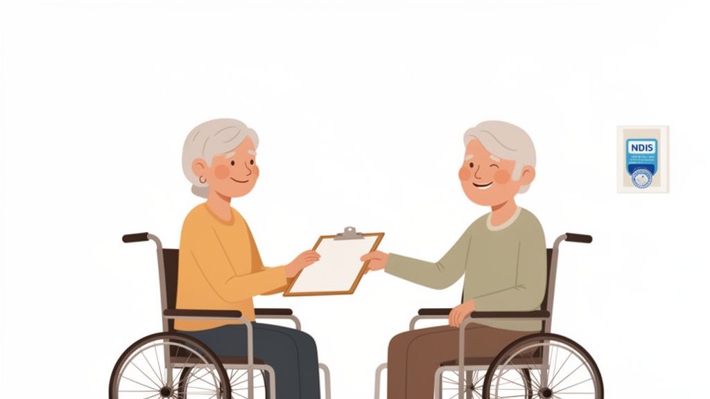 Senior man and woman in wheelchairs smiling, exchanging a clipboard, with an NDIS logo.
