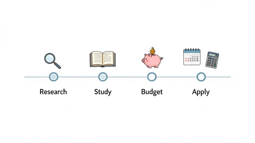A visual timeline showing four steps: Research, Study, Budget, and Apply, each with an illustrative icon.