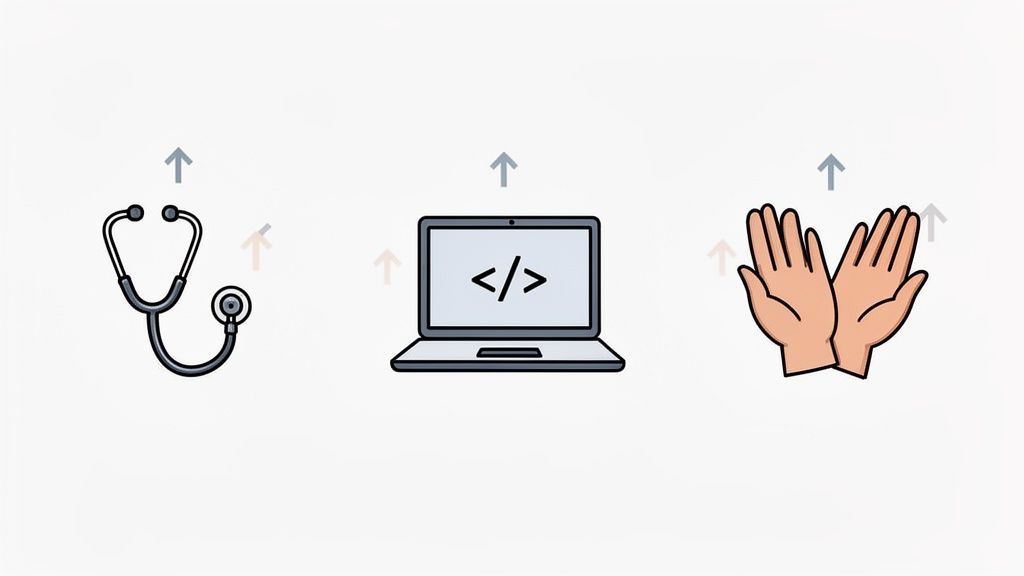 Illustrations of a stethoscope, laptop with code, and hands clapping, all with upward arrows indicating career growth.