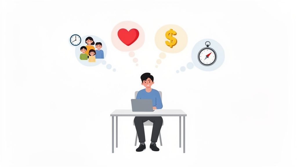 Illustration of a man at a laptop, contemplating family, love, money, and future direction.