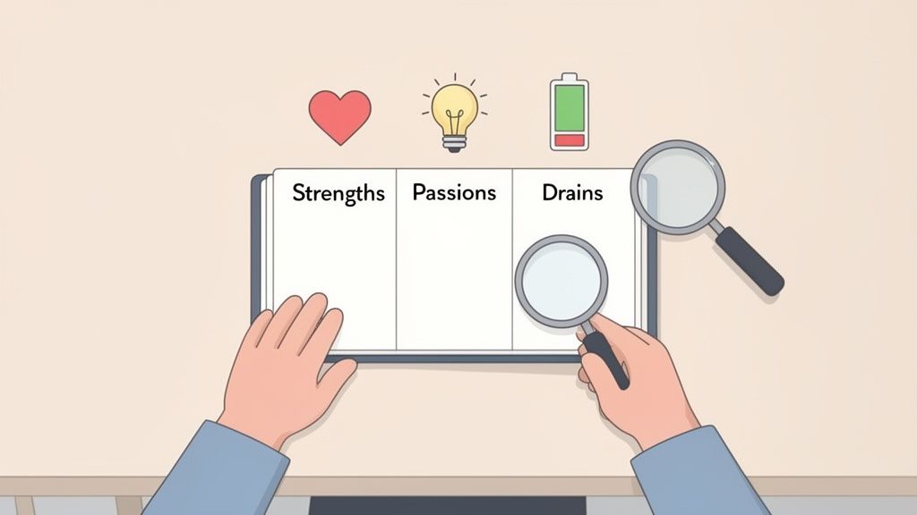 Hands examining a notebook divided into 'Strengths,' 'Passions,' and 'Drains' columns, with corresponding icons.