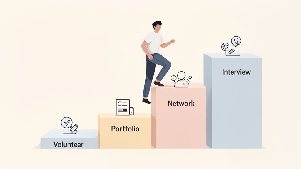 Illustration of a person climbing steps labeled Volunteer, Portfolio, Network, and Interview, representing career progression.