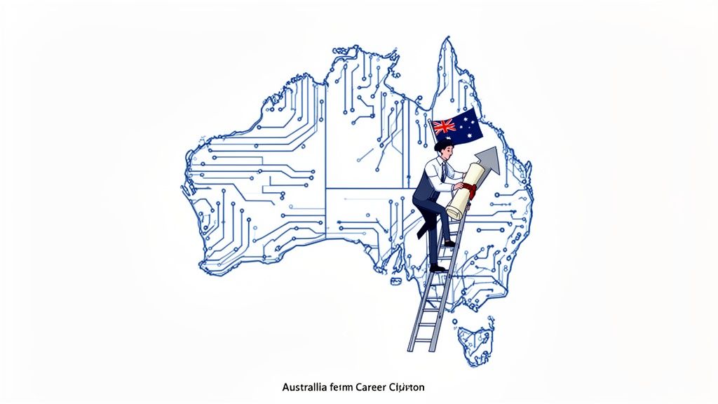 Man with certificate climbing ladder on circuit board map of Australia, symbolizing career growth.