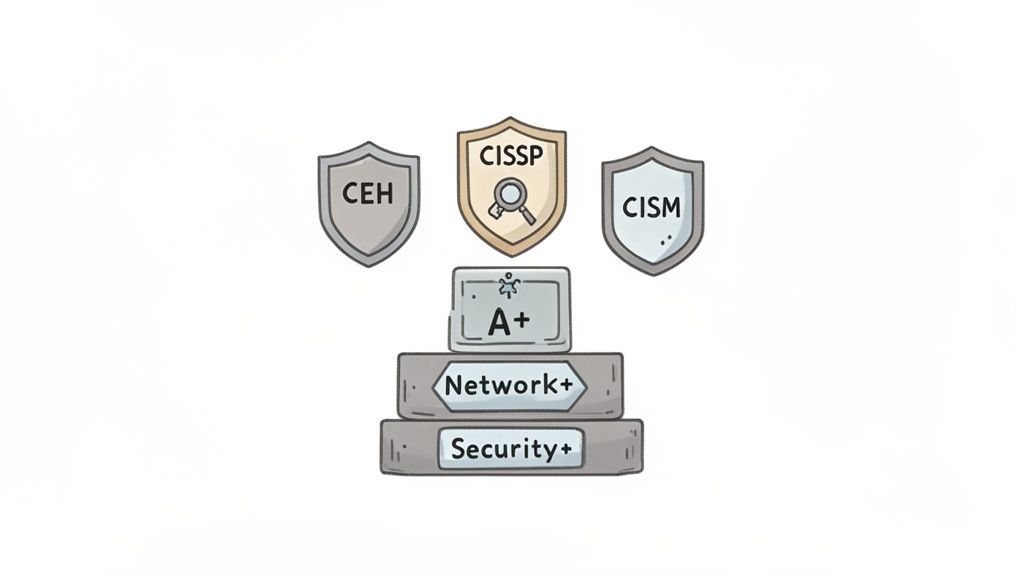 A stack of CompTIA A+, Network+, and Security+ certifications leading to CEH, CISSP, and CISM shields.