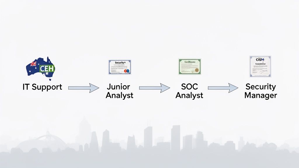 Cybersecurity career progression map in Australia, showcasing certifications like CEH, Security+, and CISM.