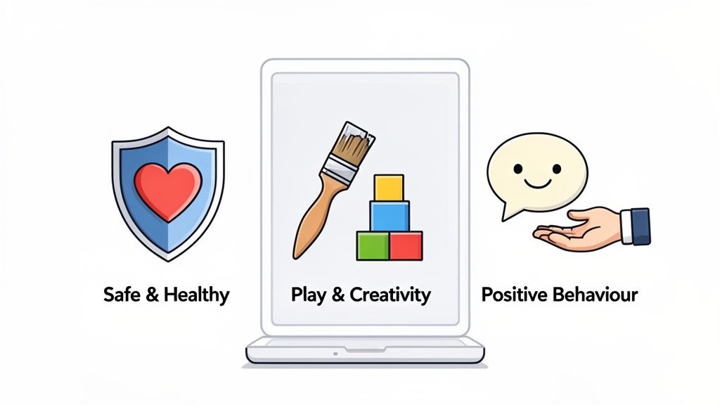 Three icons representing safe and healthy, play and creativity, and positive behavior in early childhood education.