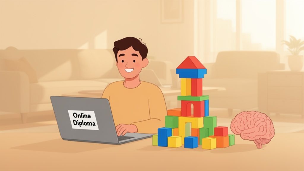 A smiling man studies for an online diploma on a laptop next to building blocks and a brain model.