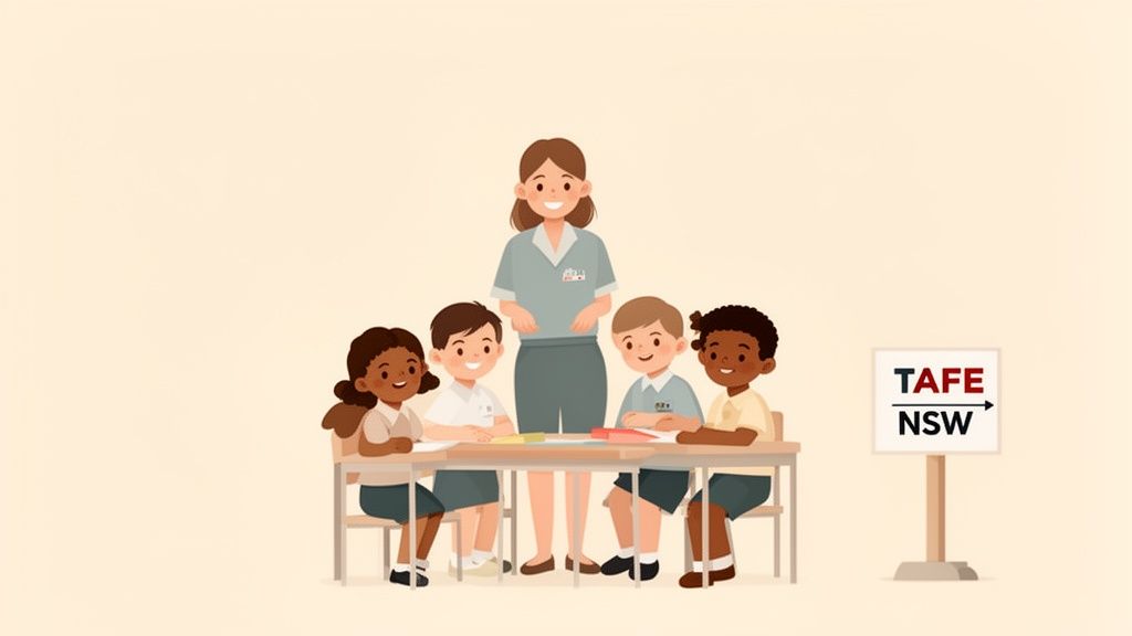 A teacher stands with four diverse children at a table, with a 'TAFE NSW' sign.