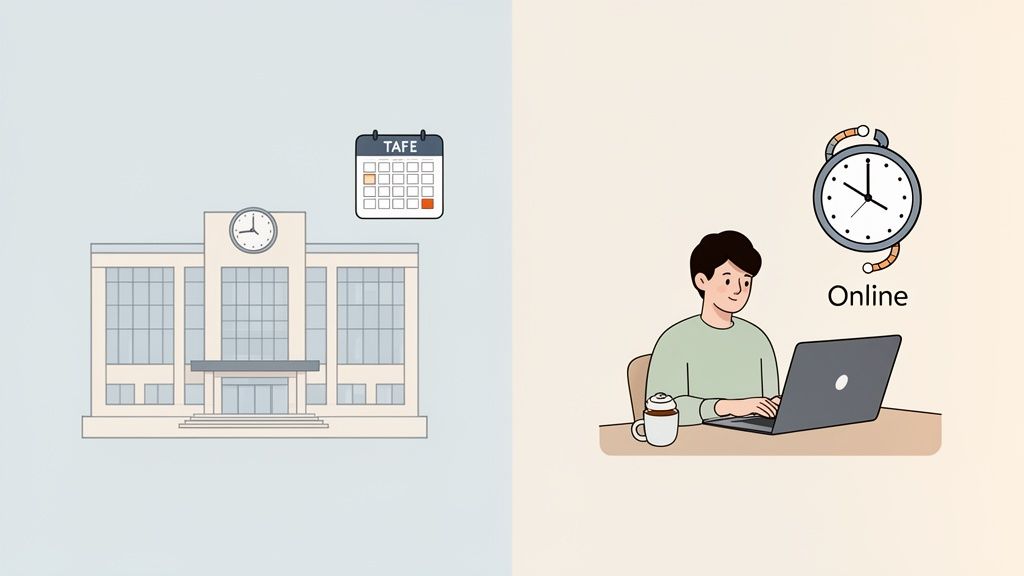 Illustration showing TAFE campus learning with a calendar versus online study with a student and laptop.