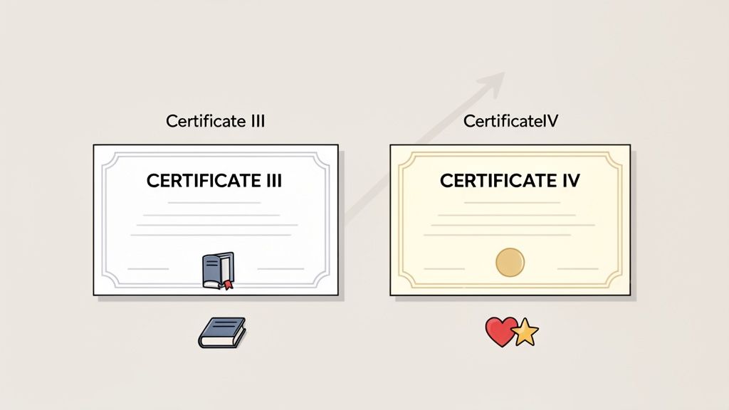 An illustration showing progression from Certificate III with books to Certificate IV with a heart and star, indicating career advancement.