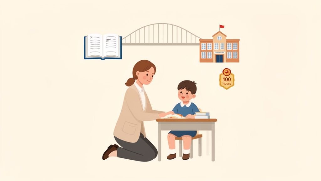 A teacher's aide kneels, helping a young student at a desk with an open book, symbolizing learning and school.