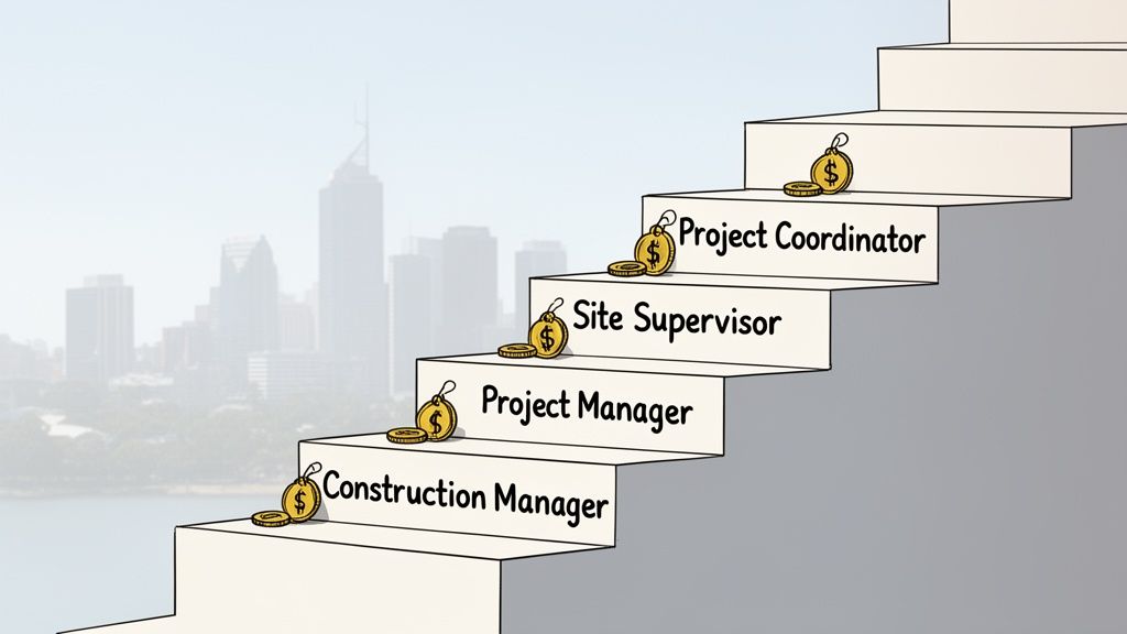 A career ladder in construction showing job titles and money on each step against a city skyline.