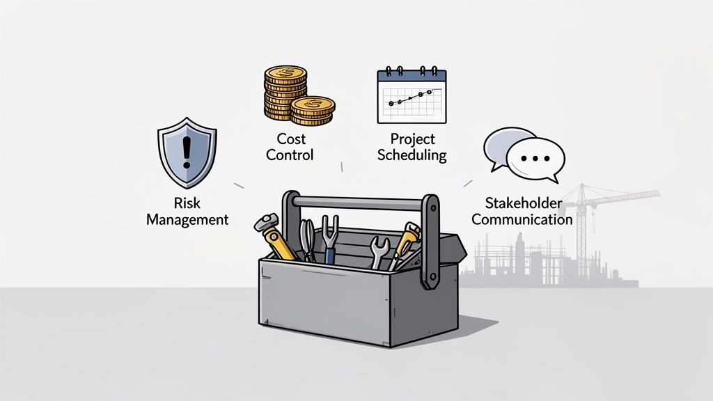 A project management toolbox with tools, surrounded by icons for risk management, cost control, scheduling, and communication.