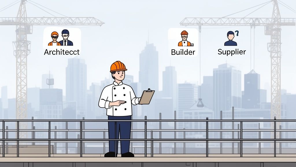 A construction manager in a chef's jacket and hard hat, with icons for "Architecct", "Builder", and "Supplier".