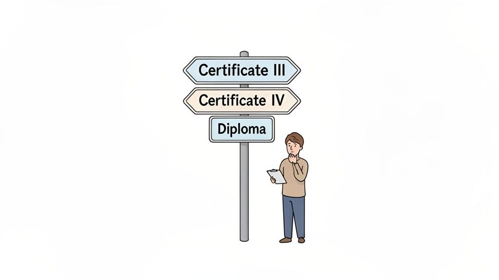 A person stands before a signpost offering three educational options: Certificate III, Certificate IV, and Diploma, contemplating their future.