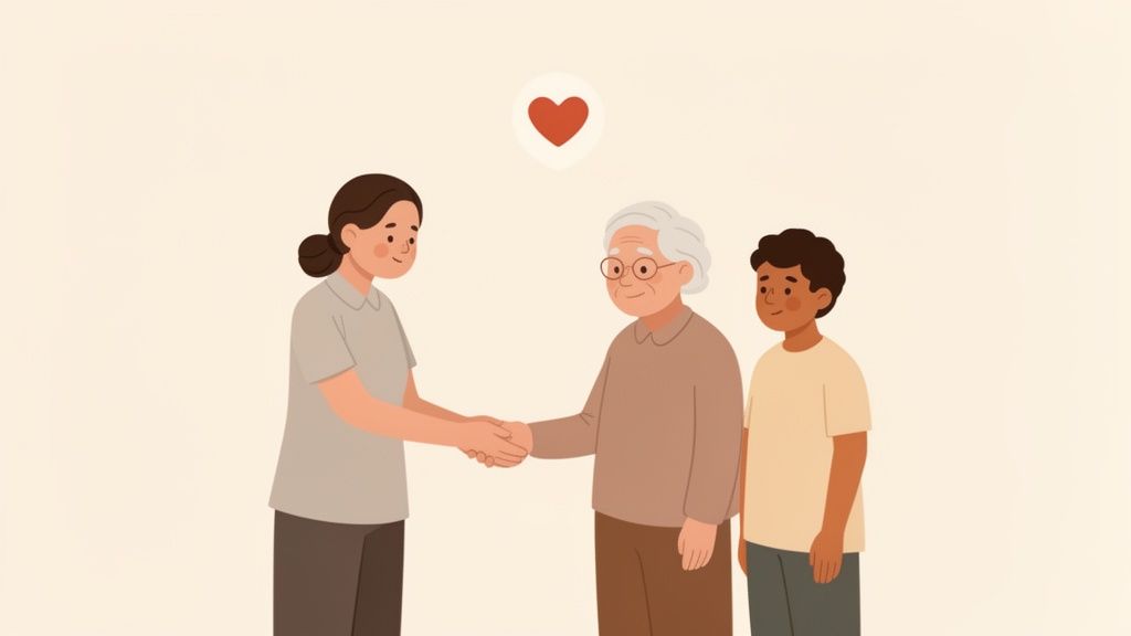 A young woman shakes hands with an elderly person, a boy nearby, under a heart icon, symbolizing care and community.