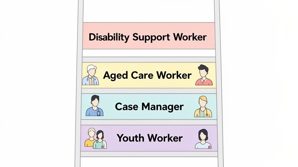 A list of community service roles: Disability Support Worker, Aged Care Worker, Case Manager, and Youth Worker.