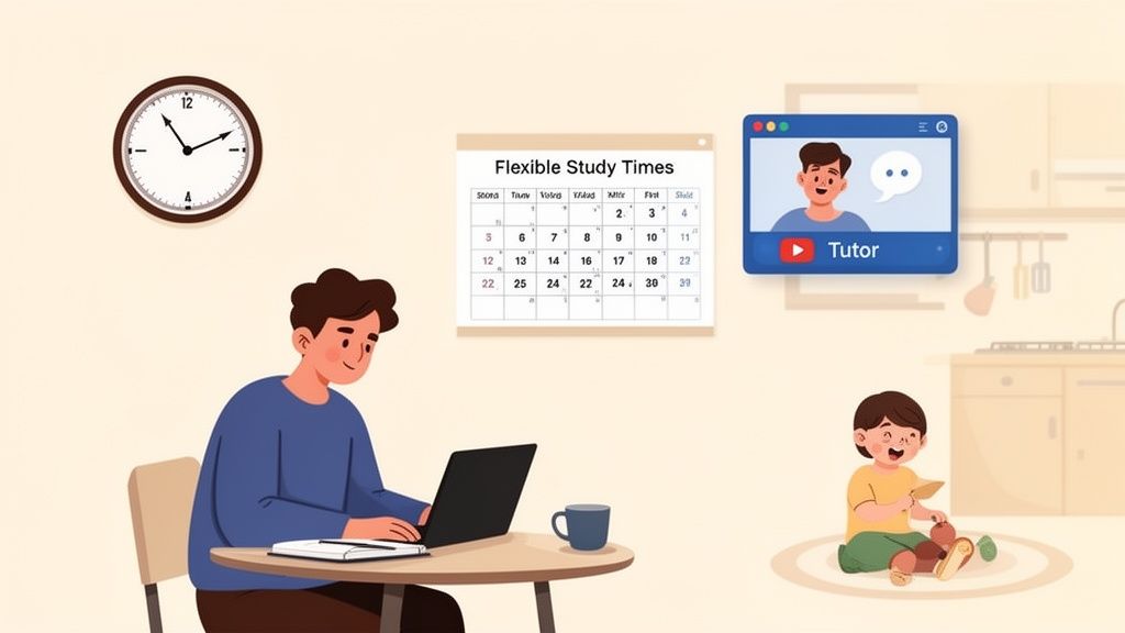 An illustration of a man studying on a laptop with an online tutor, while a child plays nearby.