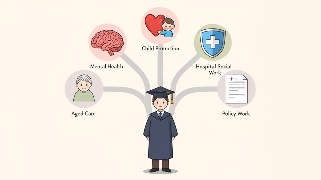 A graduate stands with five branching career paths: Mental Health, Child Protection, Hospital Social Work, Policy Work, and Aged Care.