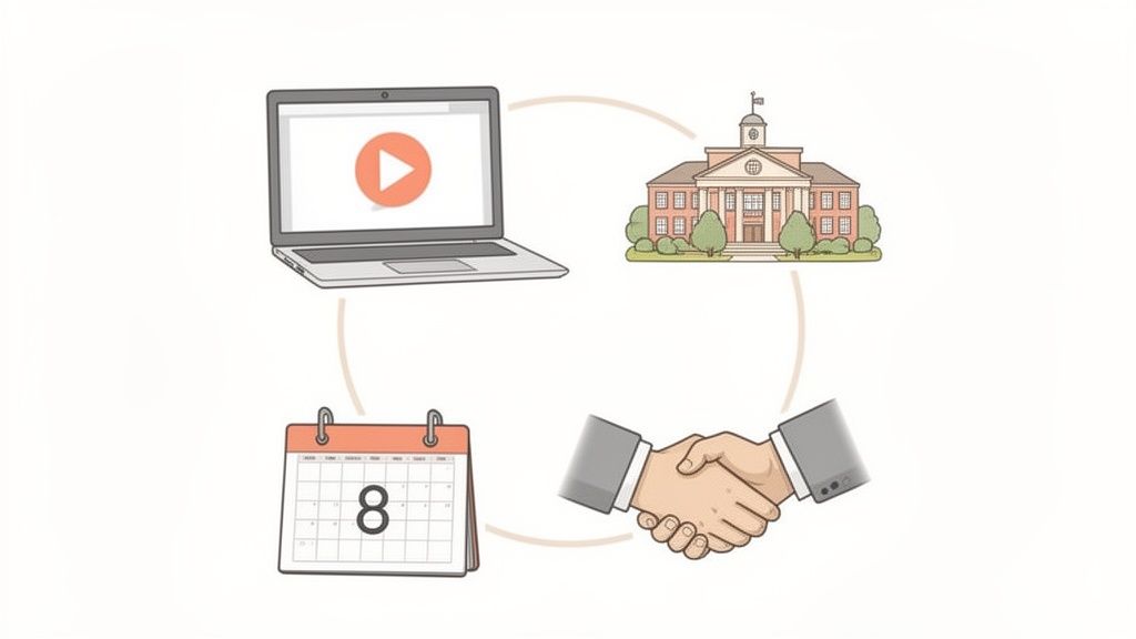 A cyclical diagram showing a laptop with a play button, a university building, a handshake, and a calendar with '8'.