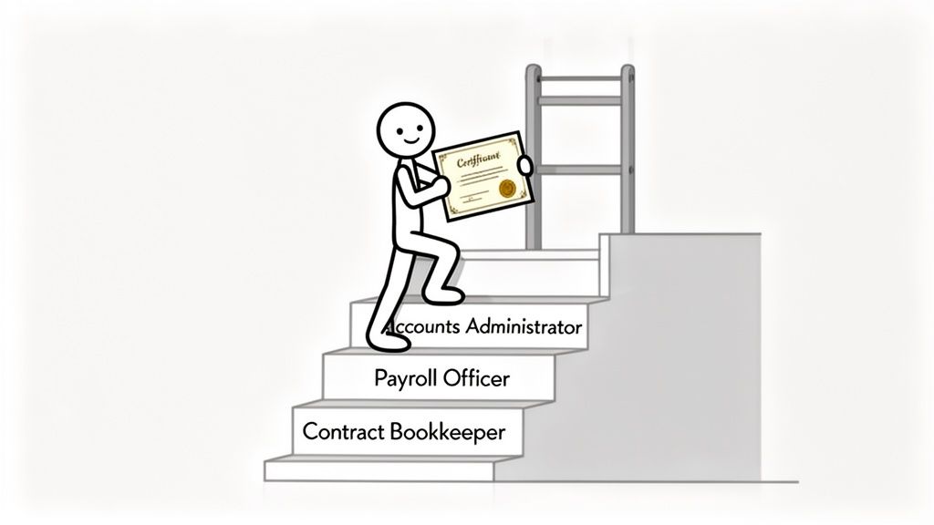 A stick figure holds a certificate while ascending career steps in accounting and bookkeeping roles.