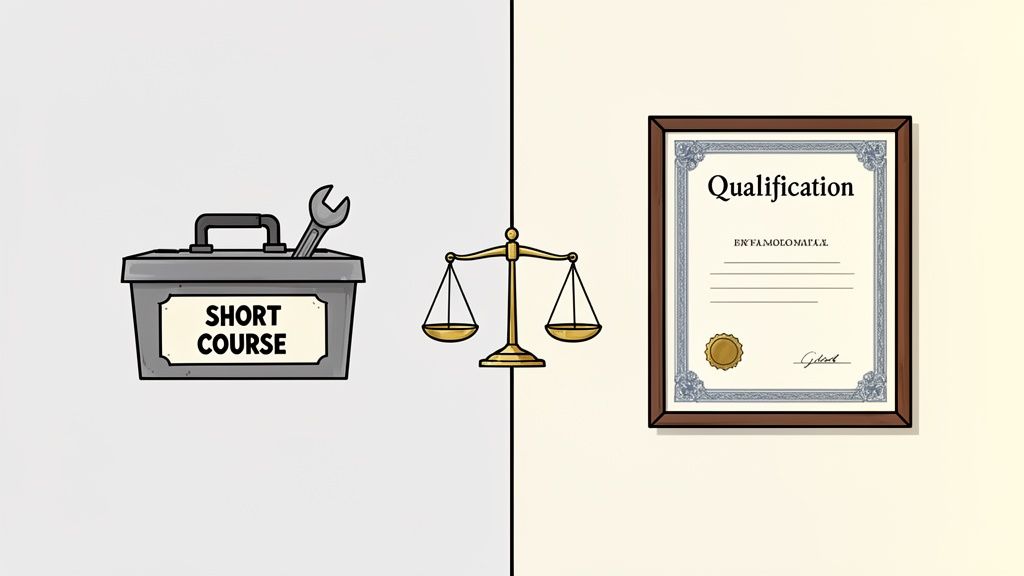 A balance scale weighing a 'SHORT COURSE' toolbox with a wrench against a framed 'Qualification' certificate.