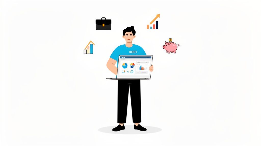 An illustration of a man using Xero accounting software, surrounded by financial growth symbols.