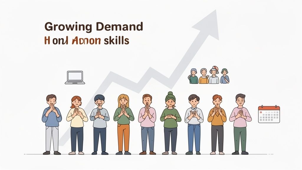 Illustration of diverse people performing sign language, with an upward trend arrow, laptop, and calendar, representing growing demand.