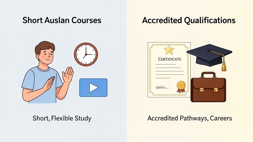 Two panels showing Auslan course options: short, flexible online study with signing, and accredited qualifications for careers.
