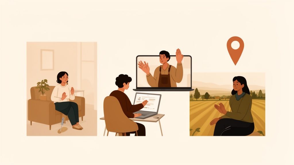 Three panels show people learning and practicing sign language online and in person.