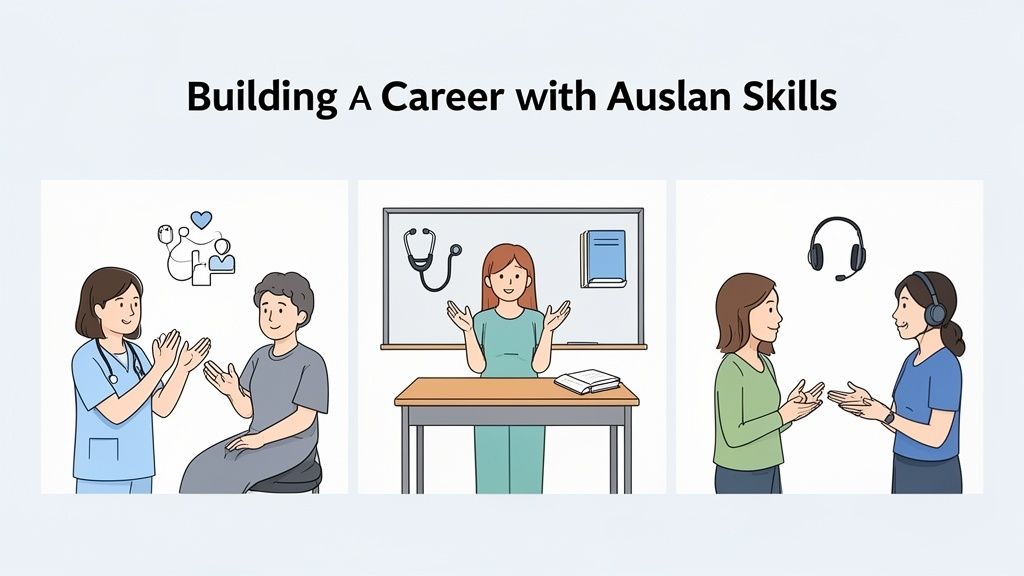 Illustration shows people using Auslan skills in healthcare, education, and communication roles.