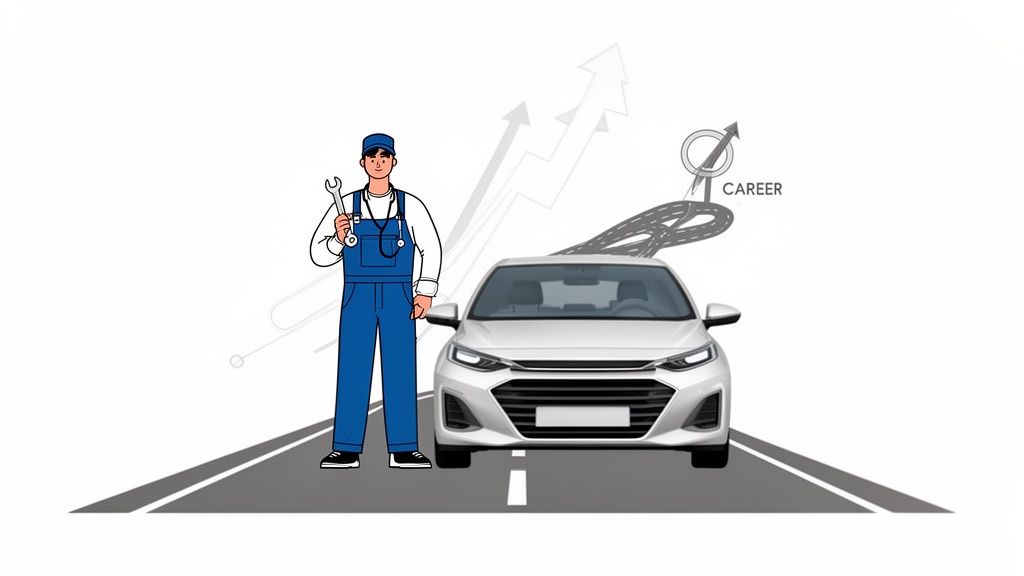 A cartoon automotive technician with a wrench and stethoscope stands by a car, symbolizing career growth.