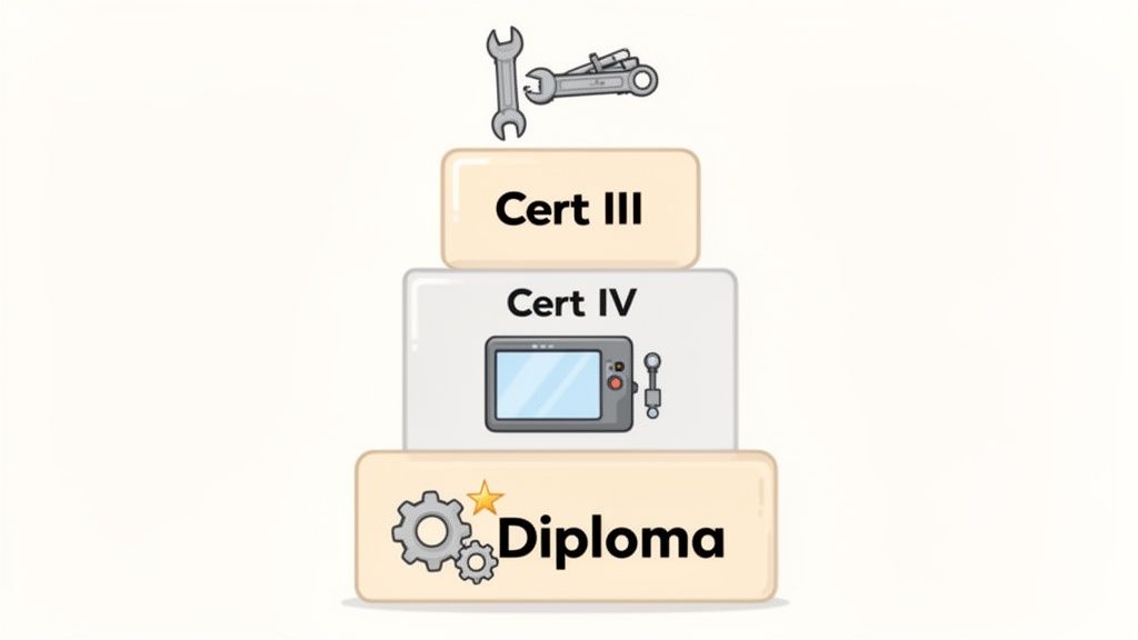 An educational progression graphic showing Cert III (wrenches), Cert IV (diagnostic tool), and Diploma (gears and star).