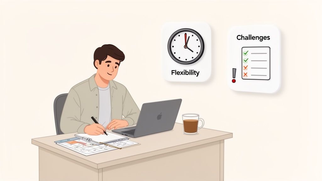 An illustration of a man studying at a desk with a laptop, considering the flexibility and challenges of online learning.