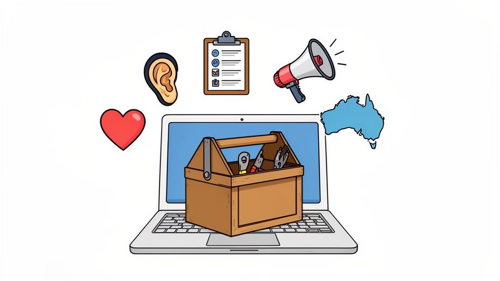 A laptop screen displays a toolbox with tools, surrounded by icons for listening, care, planning, communication, and Australia.