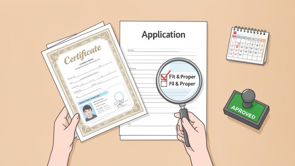Hands holding a certificate and ID, an application form with a "Fit & Proper" check, a calendar, and an "APPROVED" stamp.