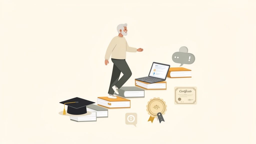 Elderly man climbing stairs made of books towards a laptop, certificate, and graduation cap, symbolizing lifelong learning.