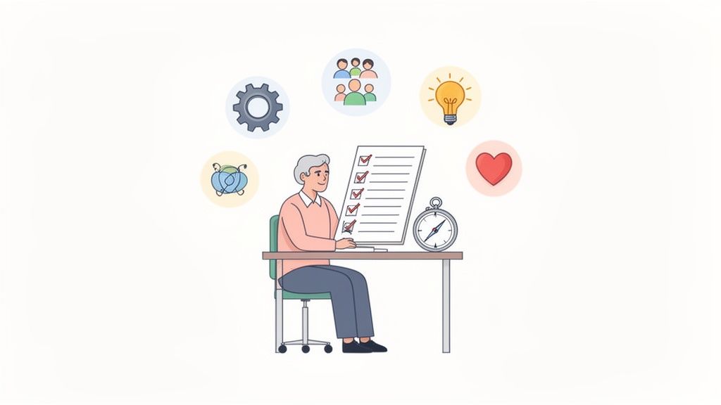 An older man checks off a long checklist, surrounded by icons symbolizing career, team, ideas, and well-being.