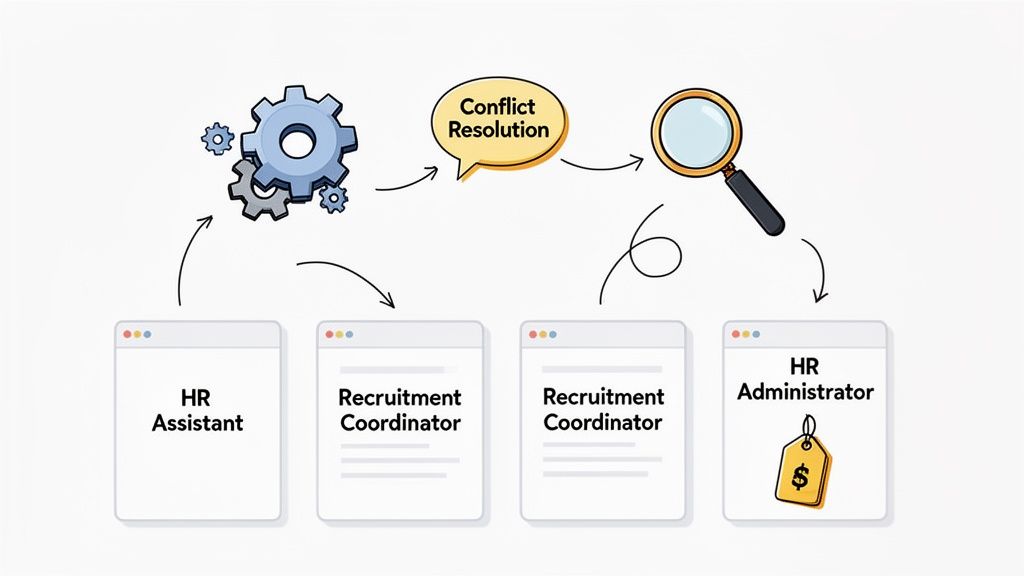 A diagram illustrating a human resources workflow with gears, conflict resolution, and various HR roles.