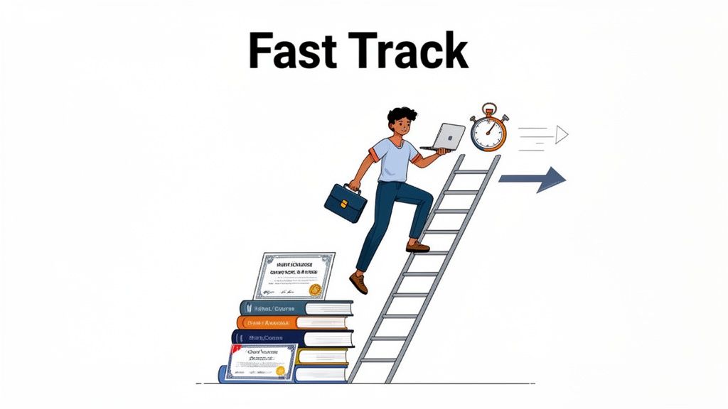 A person climbs a ladder next to books and certificates, with a stopwatch, representing a fast track to career success.
