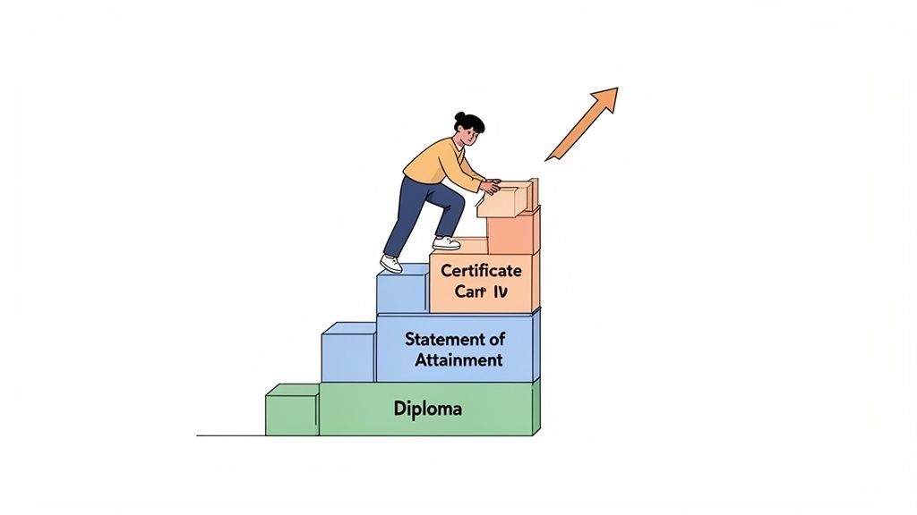 A person climbing steps of educational qualifications like Diploma, Statement of Attainment, and Certificate IV, showing career progression.