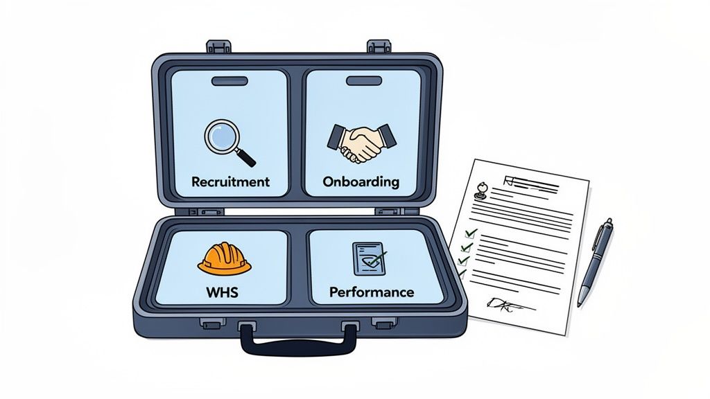 An open briefcase illustrating key human resources functions: recruitment, onboarding, WHS, and performance, alongside a checklist and pen.