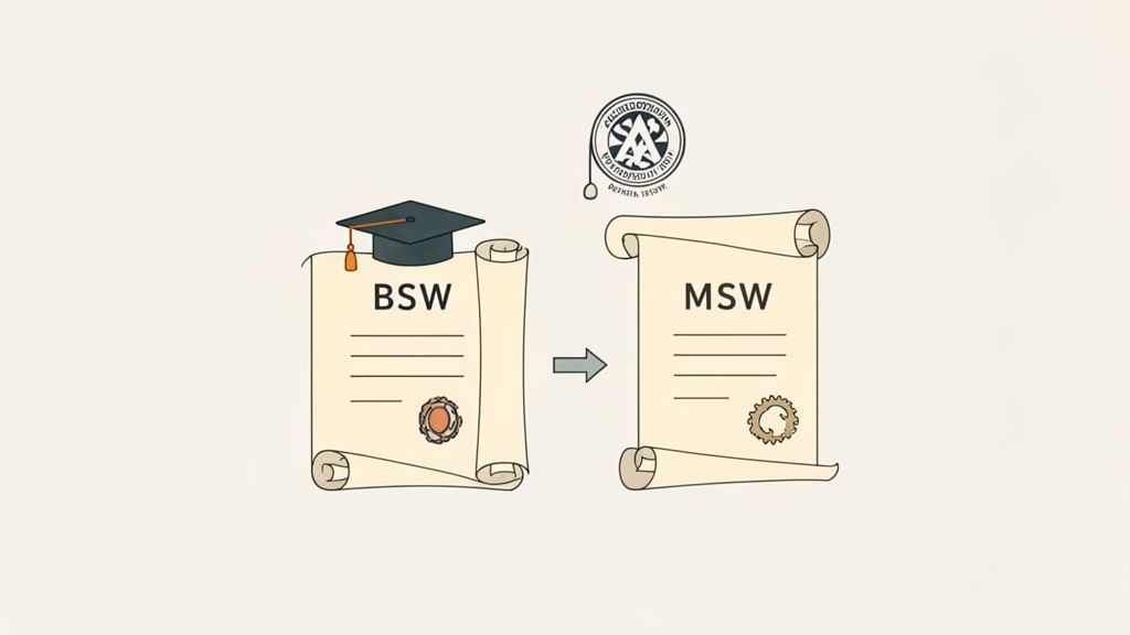 Two diplomas, BSW and MSW, with an arrow indicating educational progression in social work.