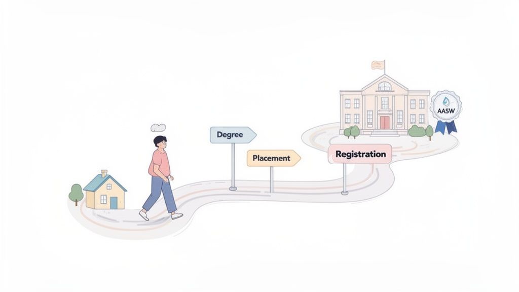 Person walks path from house to university, passing signs for Degree, Placement, Registration, towards AASW.
