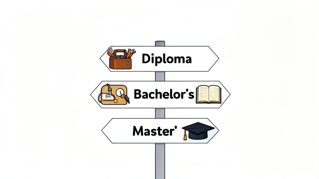 A signpost illustrating three educational paths: Diploma, Bachelor's, and Master's degrees.
