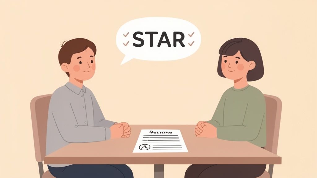 Illustration of a job interview with a man explaining the STAR method for resume answers.